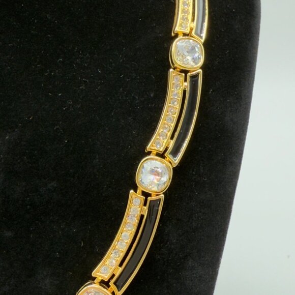 Vintage Runway Monet Gold Rhinestone Black Enamel Necklace Sectional Collar - Picture 5 of 8